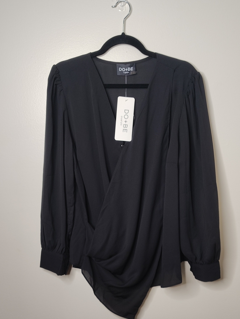 DO+BE Black Draped Wrap-Front Sheer Blouse